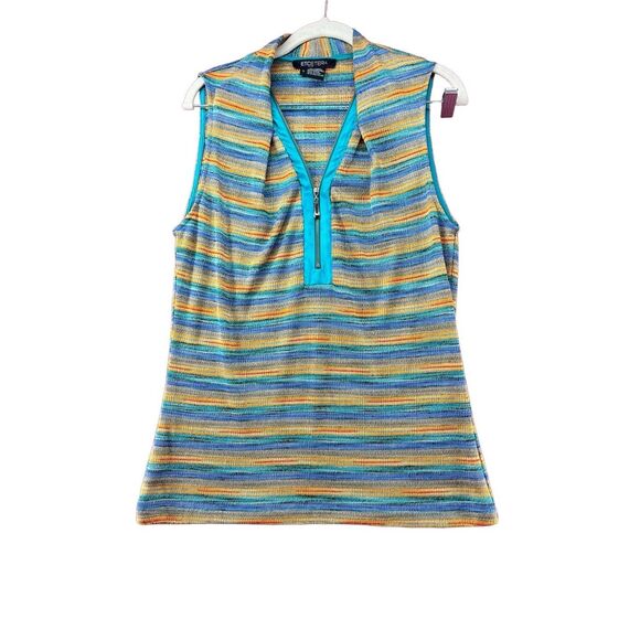 Etcetera‎ Sleeveless Top Striped Knit Zip Up Collared Shirt Blue Orange L - Picture 1 of 7